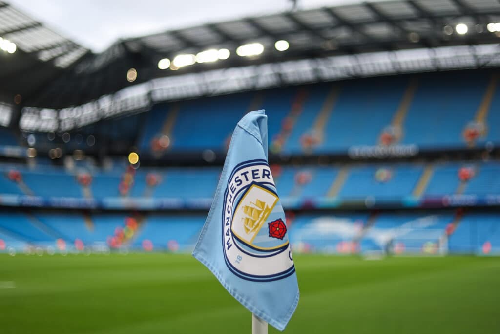 A general view of the Etihad Stadium and branded corner flag, Home of Manchester City ahead of the Premier League match Manchester City vs Aston Villa at Etihad Stadium, Manchester, United Kingdom, 3rd April 2024

(Photo by Mark Cosgrove/News Images)