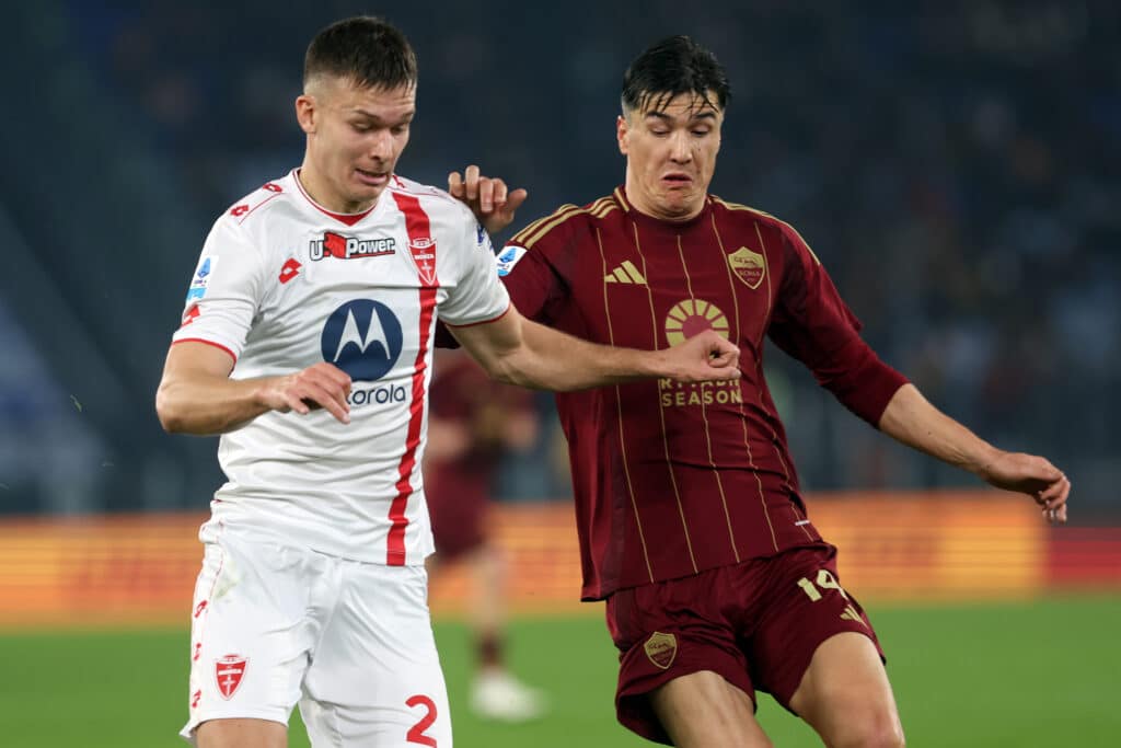 Rome, Italy 24.02.2025: Arvid Brorsson of Monza, Eldor Shomurodov of Roma during Italian football championship Serie A Enilive 2024-2025  match AS Roma vs AC Monza at Stadio Olimpico in Rome.