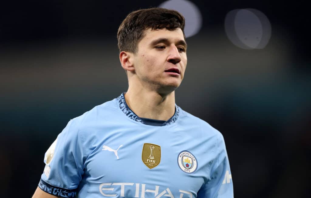 MANCHESTER, ENGLAND - JANUARY 25:  Abdukodir Khusanov of Manchester City during the Premier League match between Manchester City FC and Chelsea FC at Etihad Stadium on January 25, 2025 in Manchester, England. (Photo by Carl Recine/Getty Images)