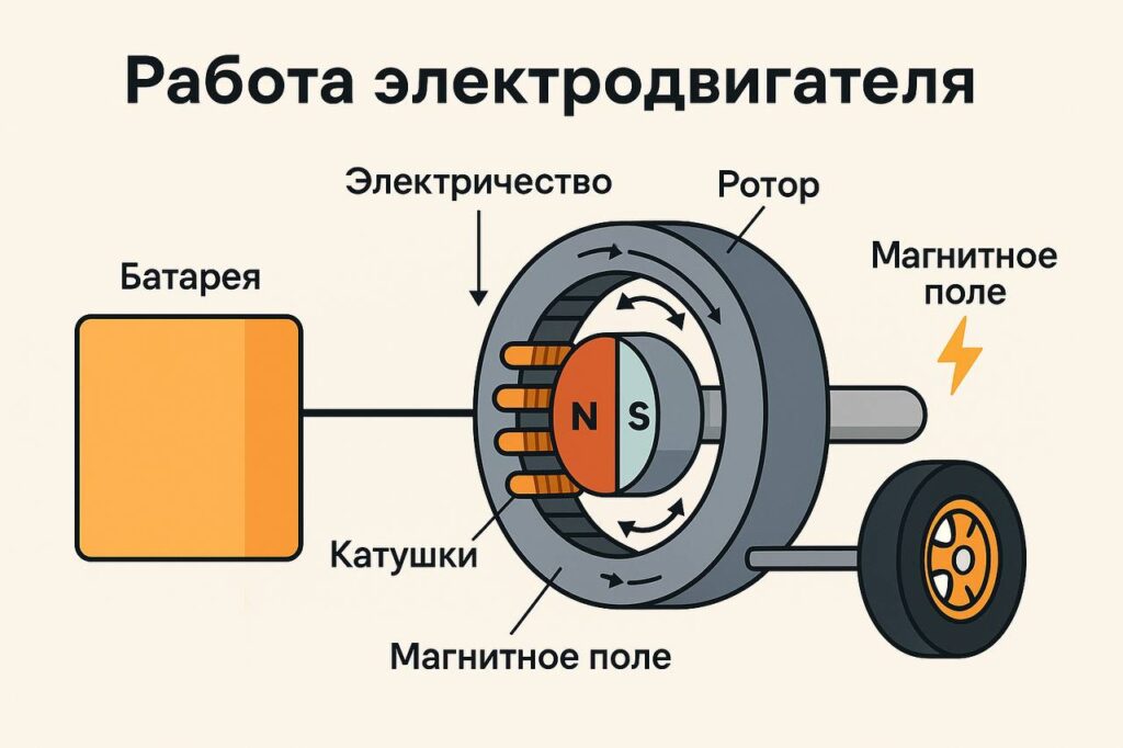 Схематичное объяснение принципа работы электродвигателя