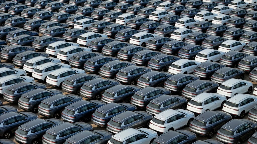 This photo taken on April 18, 2024 shows BYD electric cars for export waiting to be loaded onto a ship at a port in Yantai, in eastern China's Shandong province. (Photo by AFP) / China OUT (Photo by STR/AFP via Getty Images)