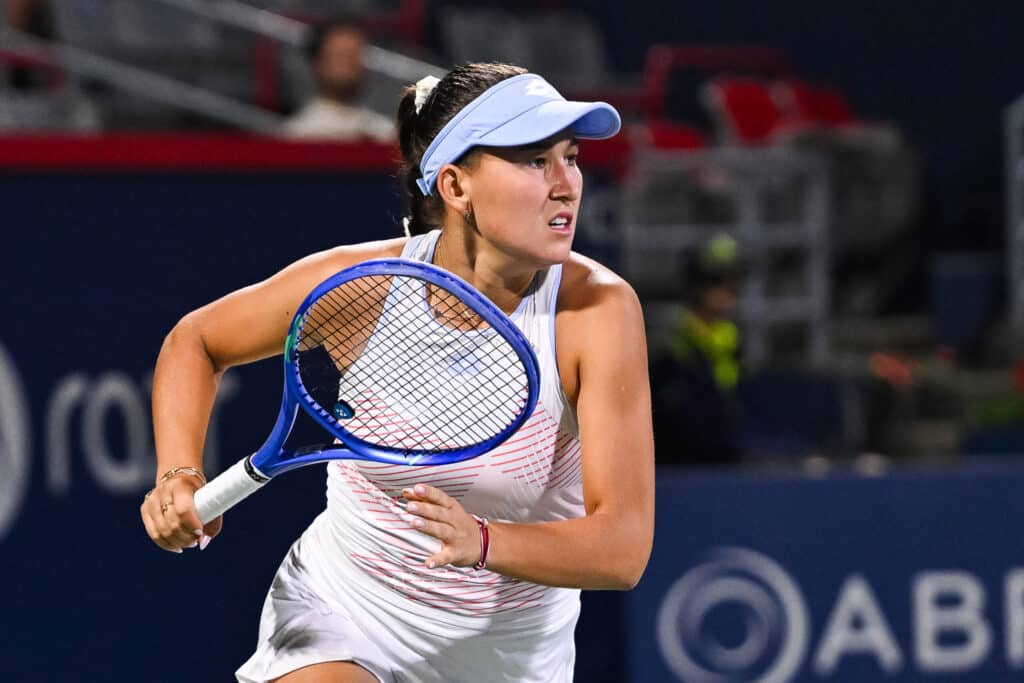 Jul 30, 2025; Montreal, QC, Canada; Kamilla Rakhimova looks on against Elina Svitolina (UKR) in second round play at IGA Stadium. Mandatory Credit: David Kirouac-Imagn Images