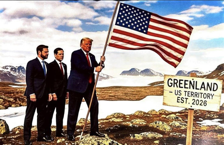 Trump posted an AI-generated image in January showing himself, Vice President JD Vance and Secretary of State Marco Rubio appearing to conquer Greenland with an American flag (Photo: @realDonaldTrump/TruthSocial)