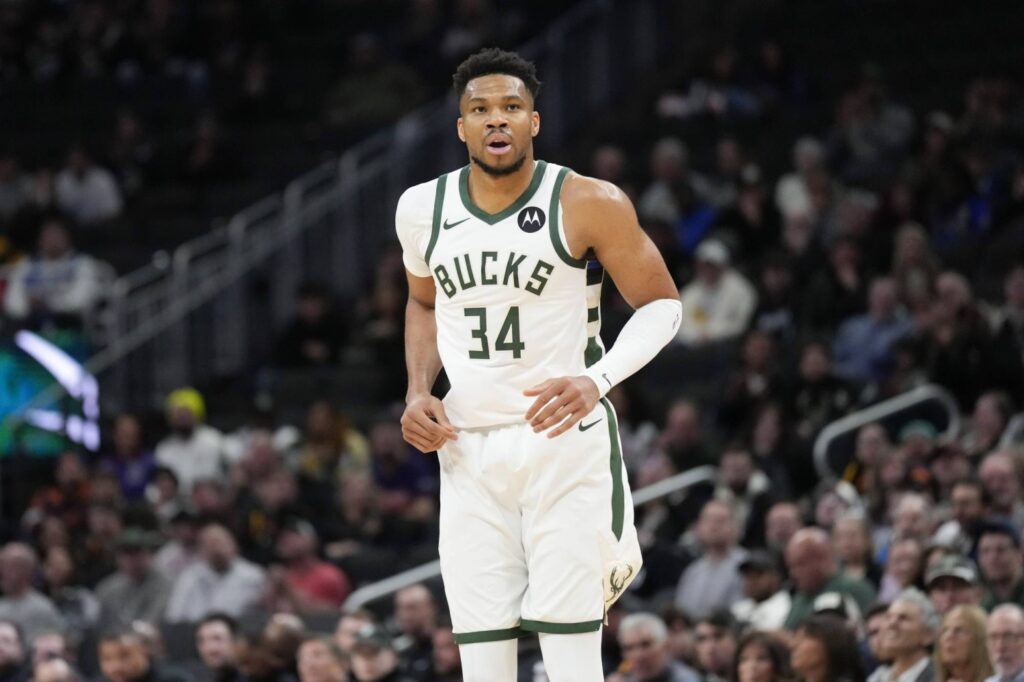 Mar 10, 2026; Milwaukee, Wisconsin, USA;  Milwaukee Bucks forward Giannis Antetokounmpo (34) during the game against the Phoenix Suns at Fiserv Forum. Mandatory Credit: Jeff Hanisch-Imagn Images