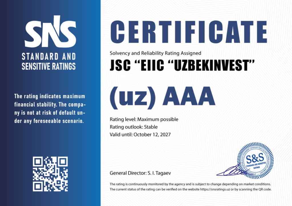 Uzbekinvest retains top (uz)AAA rating from SNS Ratings with stable outlook