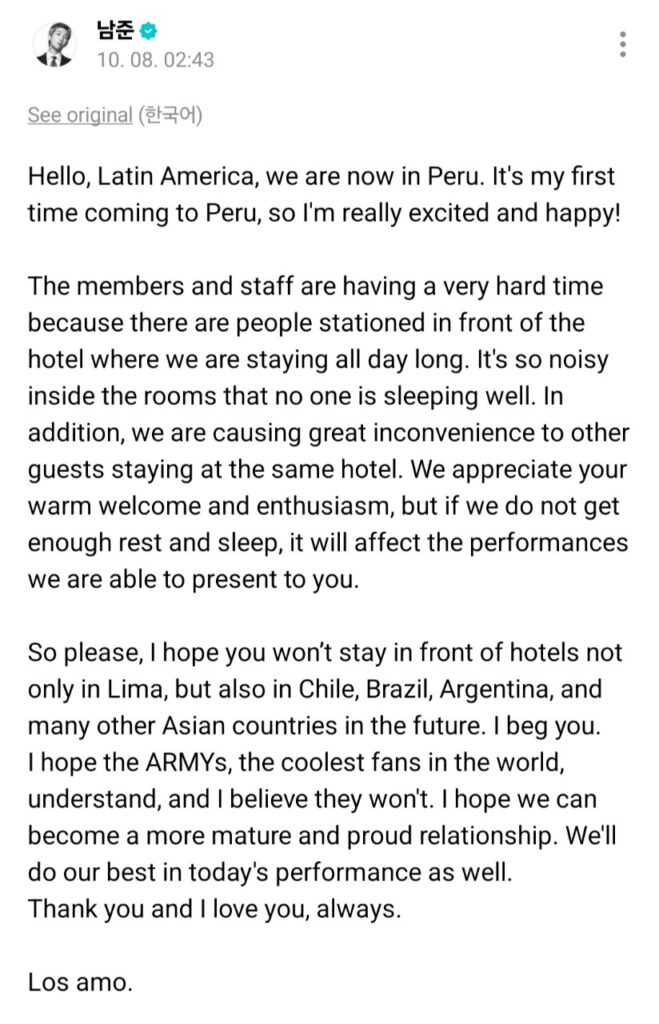 BTS leader RM urges fans to stop crowding tour hotels