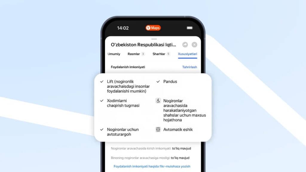 Ijtimoiy himoya milliy agentligi va Yandex Maps Toshkentda nogironligi bo‘lgan shaxslar uchun qulay obyektlar haqidagi ma’lumotlarni kengaytirdi