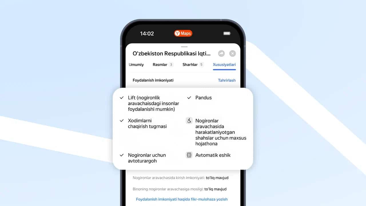 Ijtimoiy himoya milliy agentligi va Yandex Maps Toshkentda nogironligi bo‘lgan shaxslar uchun qulay obyektlar haqidagi ma’lumotlarni kengaytirdi