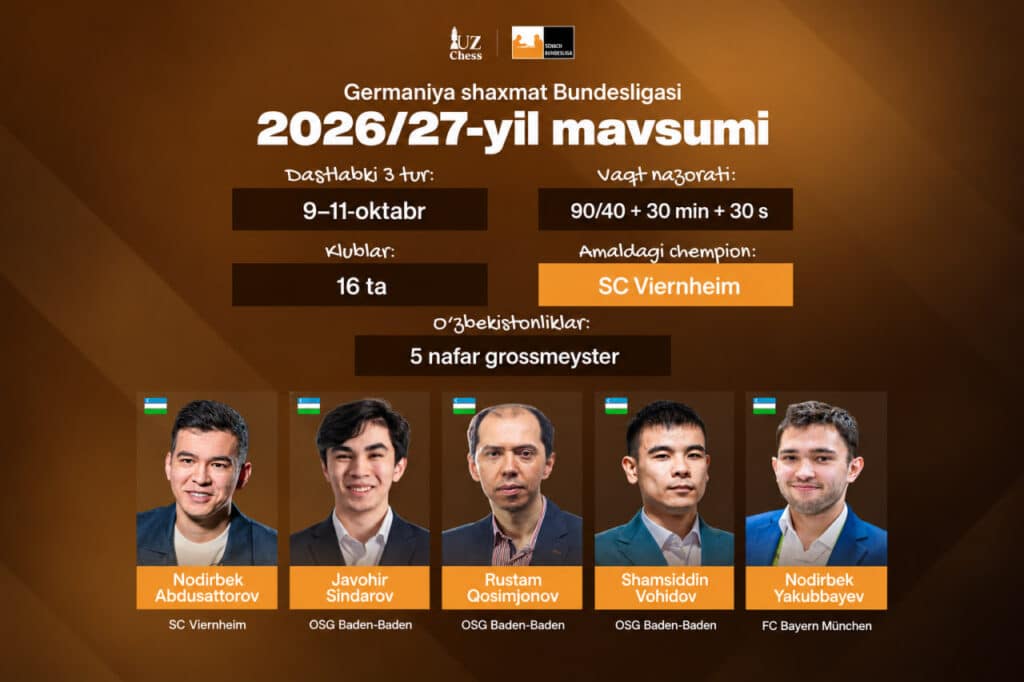 Germaniya shaxmat Bundesligasida 5 nafar o‘zbekistonlik grossmeyster qatnashadi